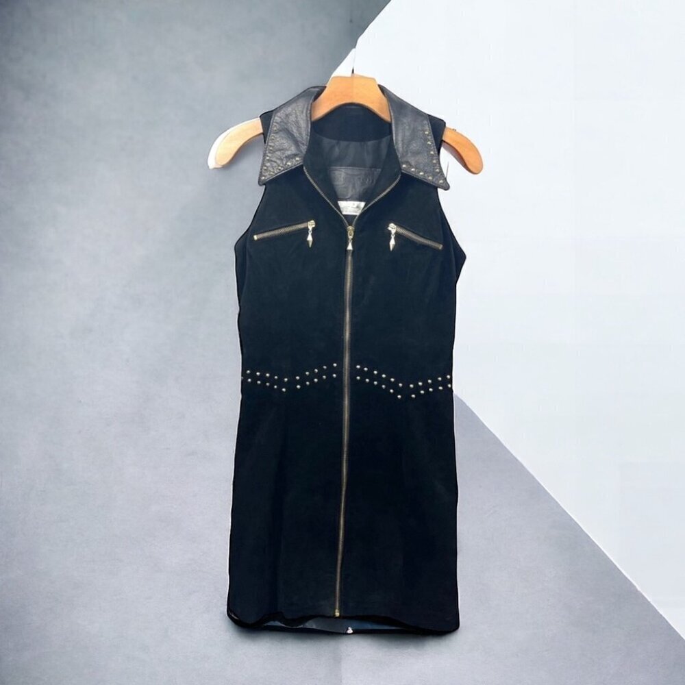 * The Leather Ranch Black Suede & Gold Studded Sleeveless Front Zip Dress Size 1